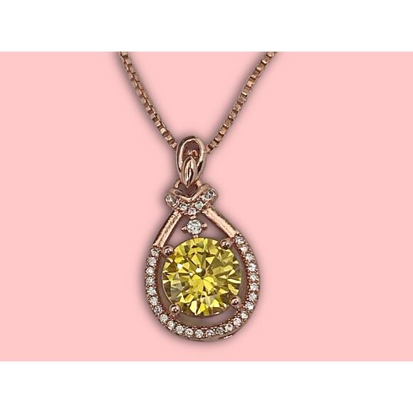 Sterling Silver 18k Rose Gold Plated Necklace with Yellow Zirconia Stone - Picture 1 of 7